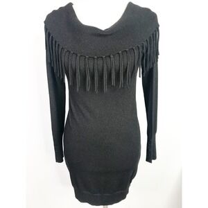White House Black Market Sweater Womens Small Black Metallic Tunic Fringe Goth
